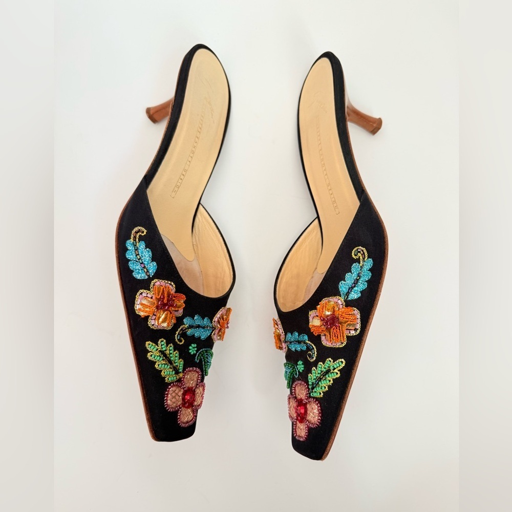Giuseppe Zanotti Vintage Black Multicolor Satin Floral beaded mules heels EU 37 - Picture 3 of 7